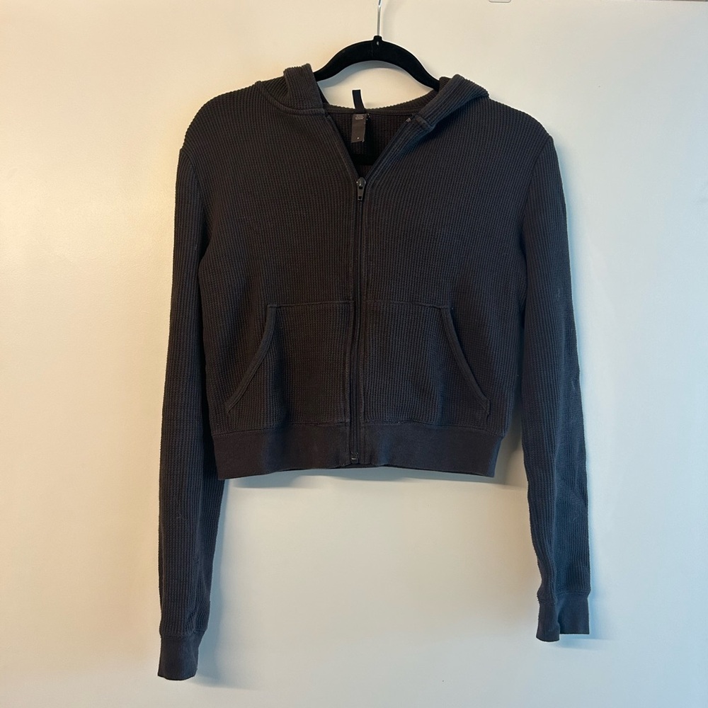 SKIMS Waffle Cropped Hoodie & Straight Leg Pant Set - Dark Chocolate - Picture 5 of 10